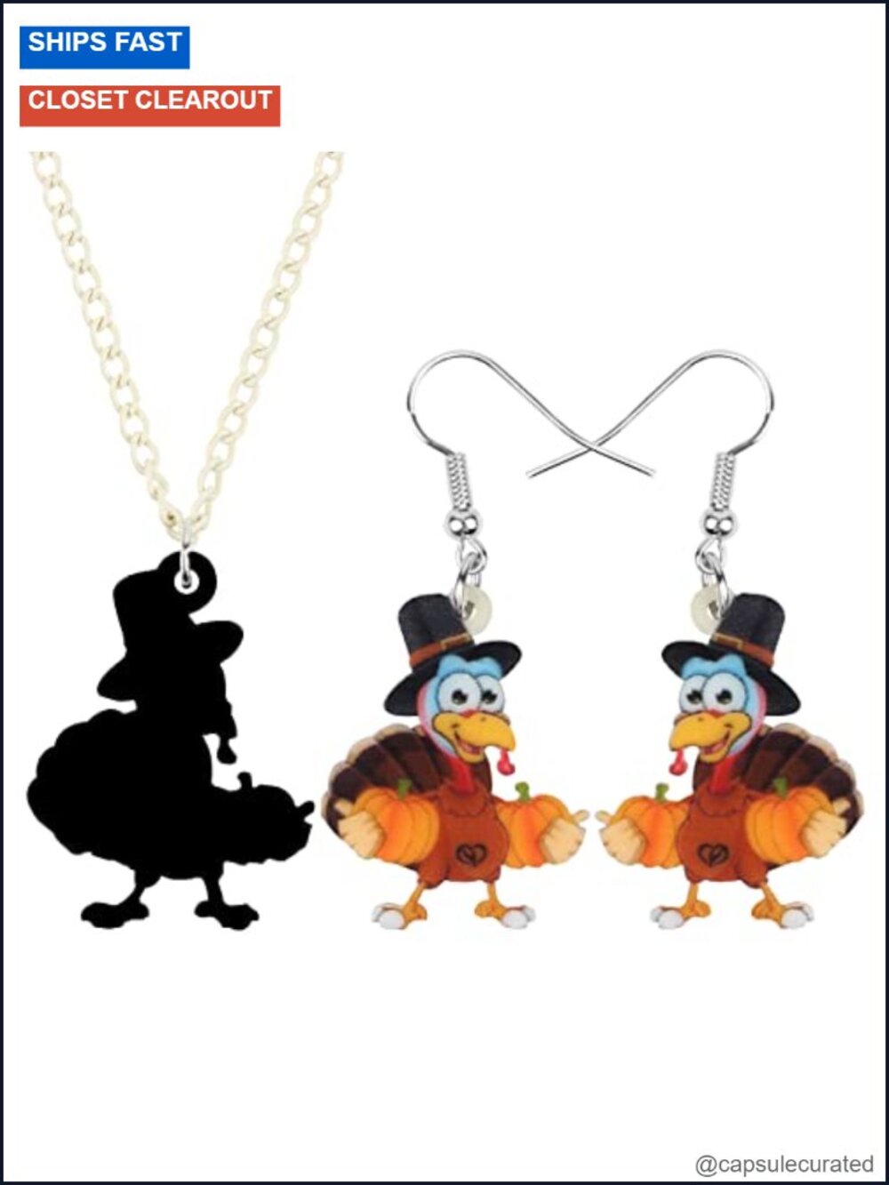 Acrylic Turkey Pendant Necklace and Dangle Earrings Jewelry Set - Picture 3 of 5